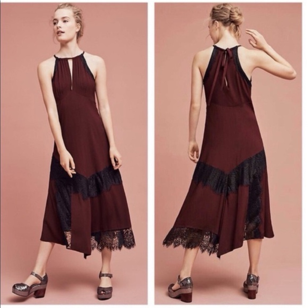 Moulinette Souers halter dress burgundy with lace asymmetric hemline sz 8